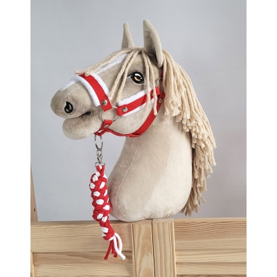 Set für Hobby Horse: Die Halfter A3 mit weißem Pelz + Kordel-Anbindestrick -weiß-rot
