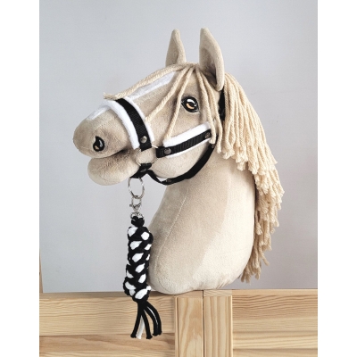 Set für Hobby Horse: Die Halfter A3 mit weißem Pelz + Kordel-Anbindestrick -weiß-schwarz