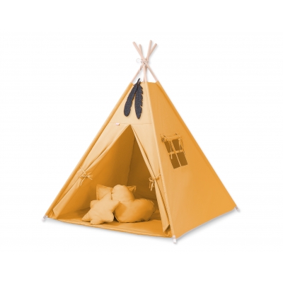 MEGA Set: Teepee Kinderspiel-Zelt+ Spielmatte+ Kissen + Schmuckfedern GRATIS! - honiggelb