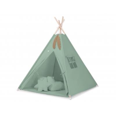 MEGA Set: Teepee Kinderspielzelt Spielmatte Kissen Schmuckfedern GRATIS! - weißgrün