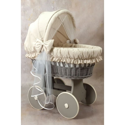 Stubenwagen aus graue Weide Beige Bezug