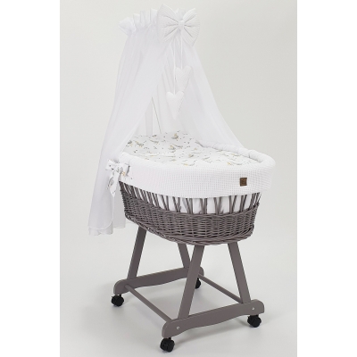 Stubenwagen für Baby aus grauweide mit Bezug-Set in Weiß-Set in Weiß