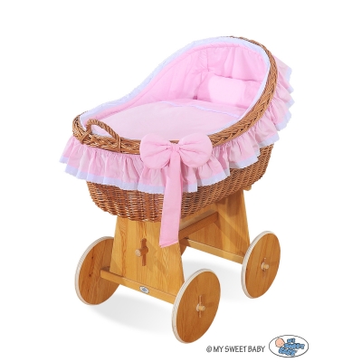 Stubenwagen für Mädchen mit Bettwäsche mit Weidenhaube Carina - Rosa Pink
