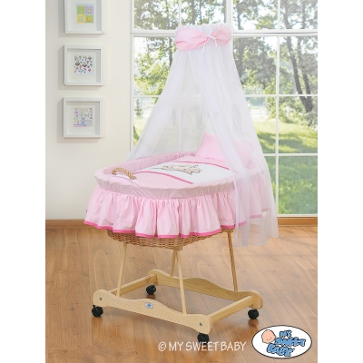 Stubenwagen mit Himmel Bettwäsche Teddy Bär Barnaba rosa
