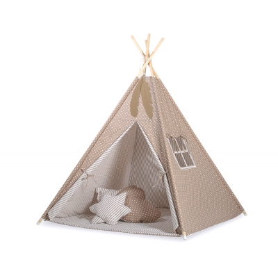 Teepee Kinder Spielzelt + Schmuckfedern GRATIS! - Braun-Punktemuster/beige gestreift