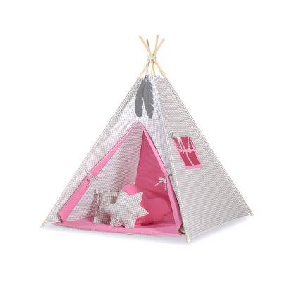 Teepee Kinder Spielzelt + Schmuckfedern GRATIS! - Grau kariert - rosa