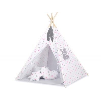 Teepee Kinderspiel-Zelt + Schmuckfedern GRATIS! - Rosa-graue Sternen/grau