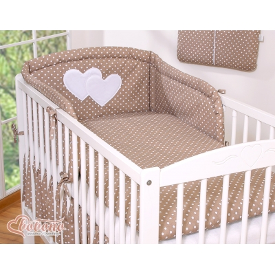 Universal Babybett Kopfschutz - Hängende Herzen Braun-Punktemuster
