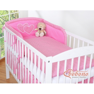 Universal Babybett Kopfschutz - Hängende Herzen dunkel rosa kariert