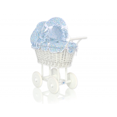 Vintage Puppenwagen Weiße Weide Bettwäsche blaue Blümchen nr 71699-532