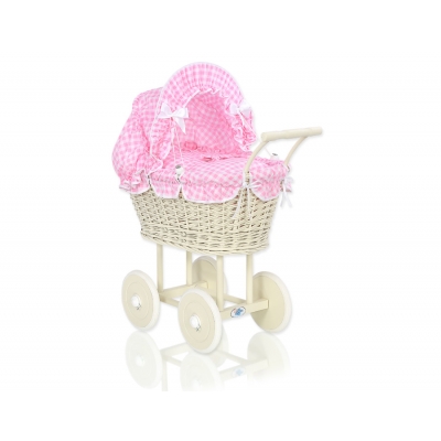 Vintage Retro Puppenwagen Weidengeflecht Bettwäsche Rosa Kariertnr 101699-384