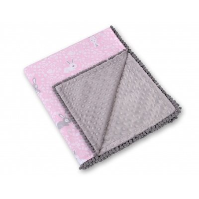 Wendedecke doppelseitig mit Pompons - rosa Hasen