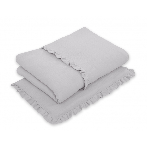 Baby Bettwäsche Set MUSSELIN 2-tlg mit Rüsche – grau