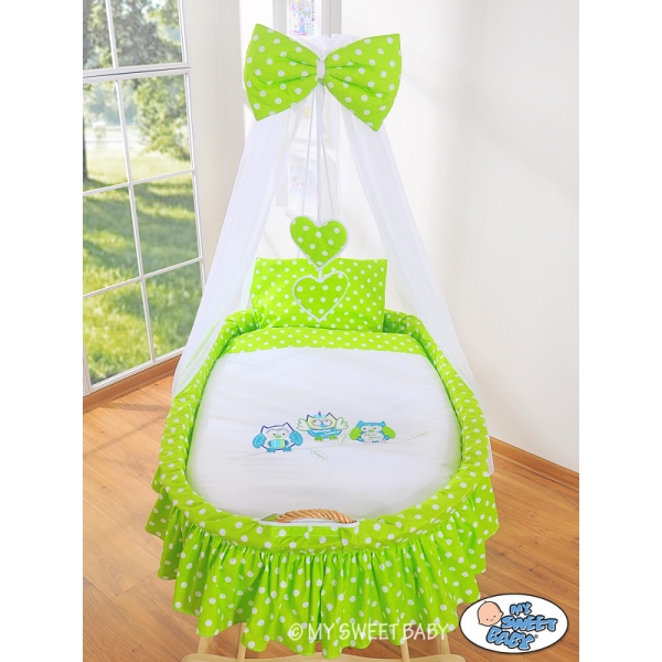 Baby Stubenwagen mit Himmel - Eulen Bigi Zibi & Adele grün