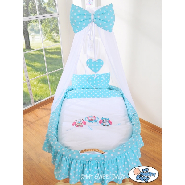 Baby Stubenwagen mit Himmel - Eulen Bigi Zibi & Adele türkis