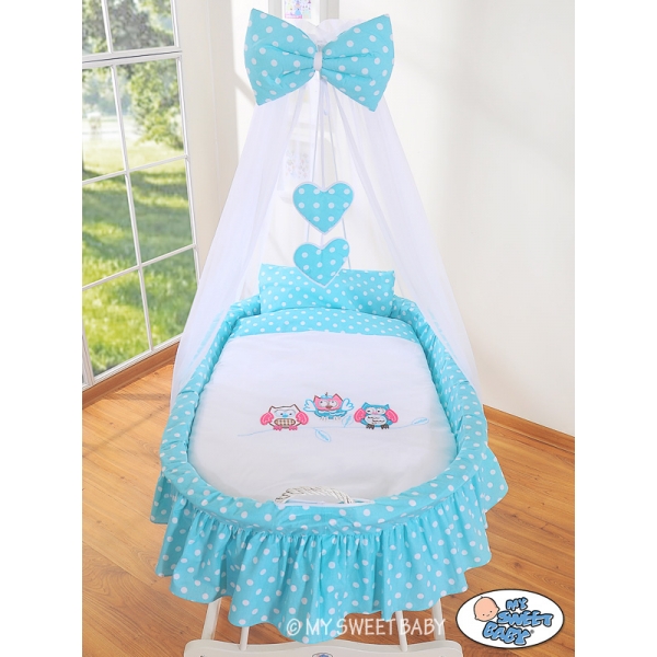 Baby Stubenwagen mit Himmel - Eulen Bigi Zibi & Adele türkis