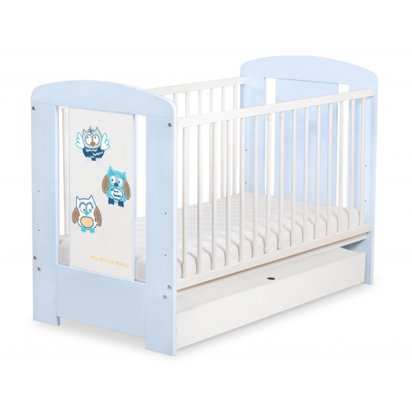 Blau Babybett 120x60cm Eulen mit Schublade STANDARD