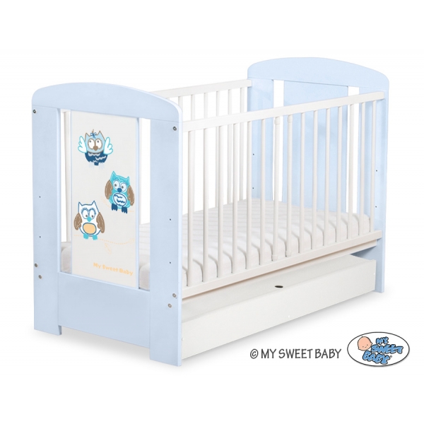 Blau Babybett 120x60cm Eulen mit Schublade STANDARD