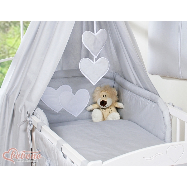 11-tlg Komplett Bettset für Babybett 140x70 mit Himmel - Hängende Herzen grau