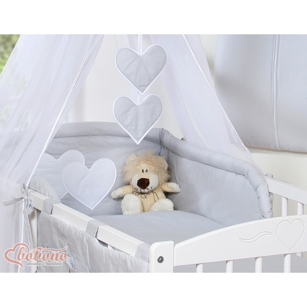 11-tlg Komplett Bettset für Babybett 140x70 mit Himmel - Hängende Herzen grau