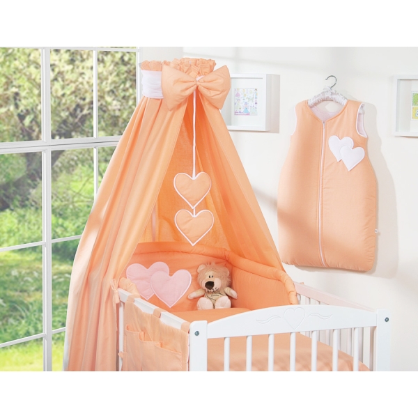 Bettset Baby 11-tlg mit Himmel mit Himmelstange - Hängende Herzen pfirsich