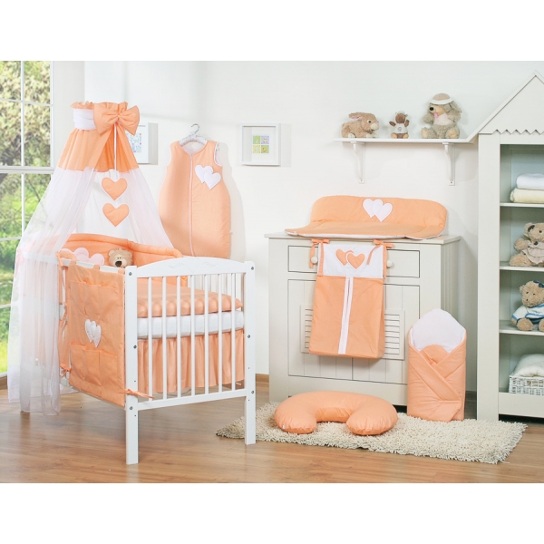 Bettset Baby 11-tlg mit Himmel mit Himmelstange - Hängende Herzen pfirsich