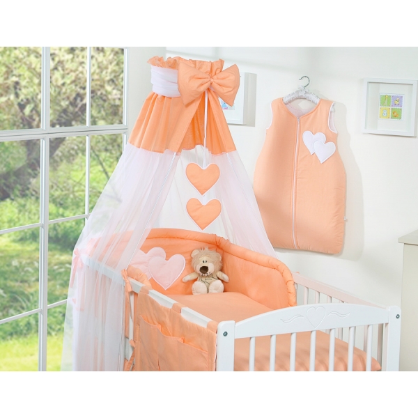 Bettset Baby 11-tlg mit Himmel mit Himmelstange - Hängende Herzen pfirsich