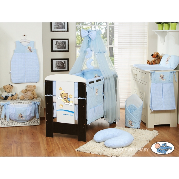 Babybett Bettwäsche Set 11-tlg mit Moskitonetz (L70) - Gute Nacht blau