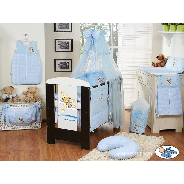 Babybett Bettwäsche Set 11-tlg mit Moskitonetz (S70) - Gute Nacht blau