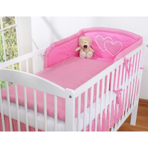 Babybett Bettwäsche Set 2-tlg - Hängende Herzen dunkel rosa kariert