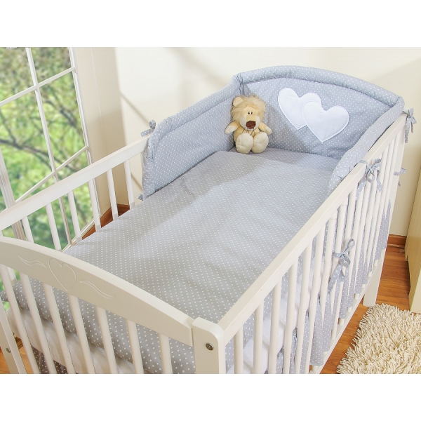 Babybett Bettwäsche Set 2-tlg - Hängende Herzen Grau-Punktemuster