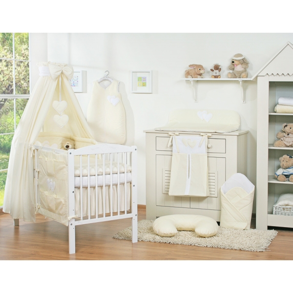 Babybett 140x70 Bettwäsche Set 7-tlg mit Himmel - Hängende Herzen creme