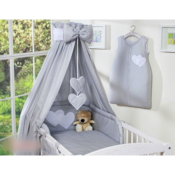 Babybett Bettwäsche Set 7-tlg mit Himmel - Hängende Herzen grau