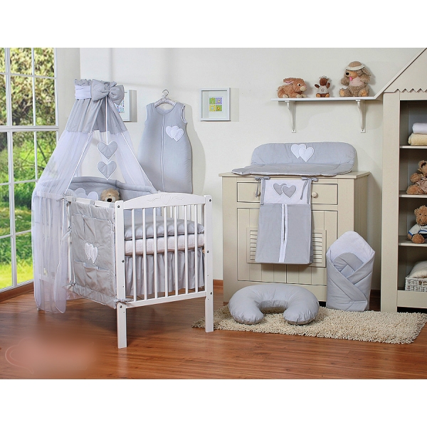 Babybett Bettwäsche Set 7-tlg mit Himmel - Hängende Herzen grau