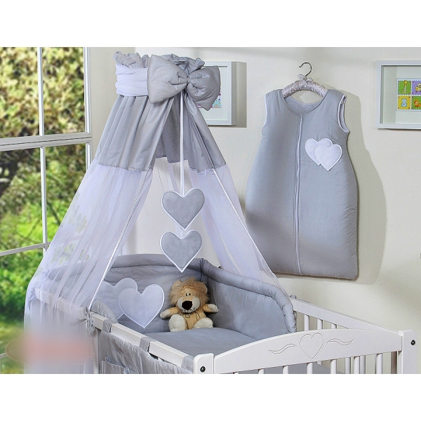 Babybett Bettwäsche Set 7-tlg mit Himmel - Hängende Herzen grau