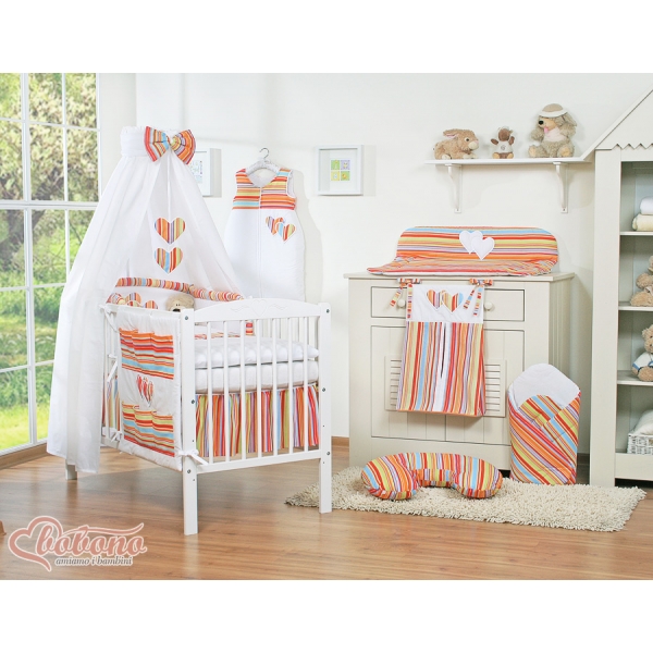 Babybett Bettwäsche Set 7-tlg mit Himmel - Hängende Herzen orange gestreift