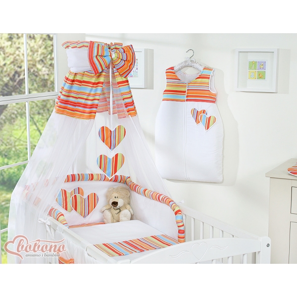 Babybett Bettwäsche Set 7-tlg mit Himmel - Hängende Herzen orange gestreift