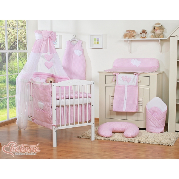 Babybett 100x135 cmBettwäsche Set 7-tlg mit Betthimmel - Hängende Herzen Rosa-Punktemuster
