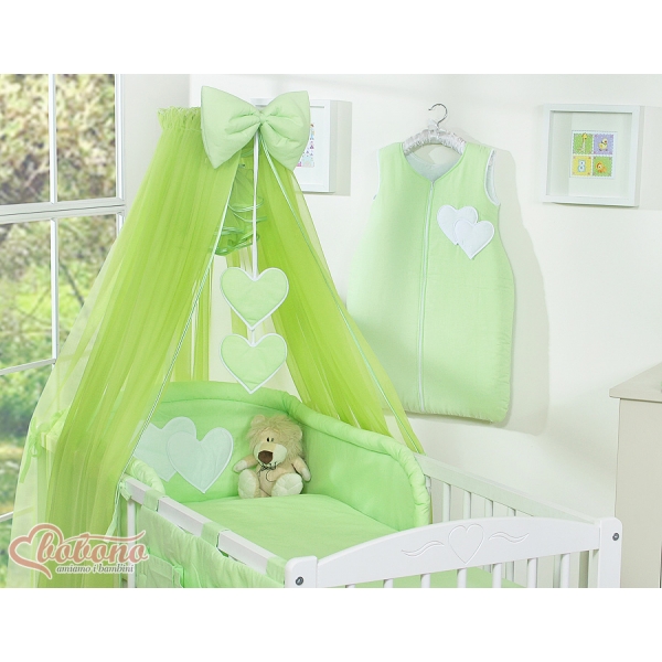 Babybett Bettwäsche Set 7-tlg mit Moskitonetz - Hängende Herzen grün