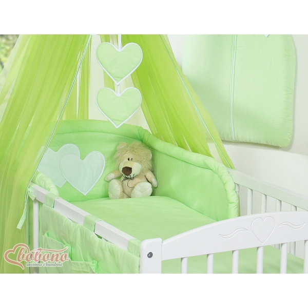 Babybett Bettwäsche Set 7-tlg mit Moskitonetz - Hängende Herzen grün