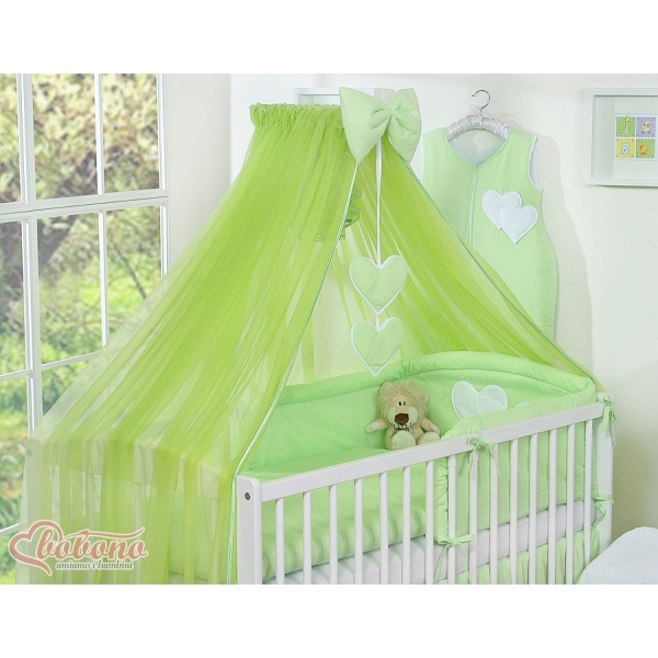 Babybett Bettwäsche Set 7-tlg mit Moskitonetz - Hängende Herzen grün