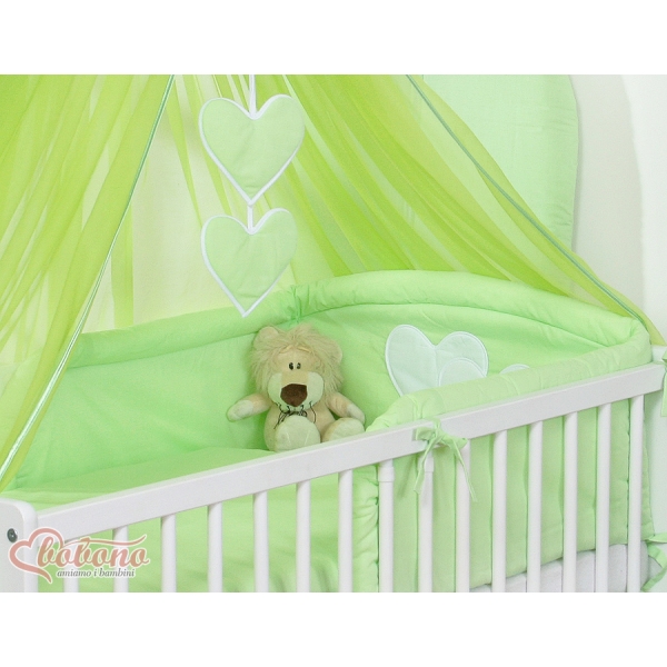 Babybett Bettwäsche Set 7-tlg mit Moskitonetz - Hängende Herzen grün