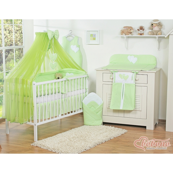 Babybett Bettwäsche Set 7-tlg mit Moskitonetz - Hängende Herzen grün