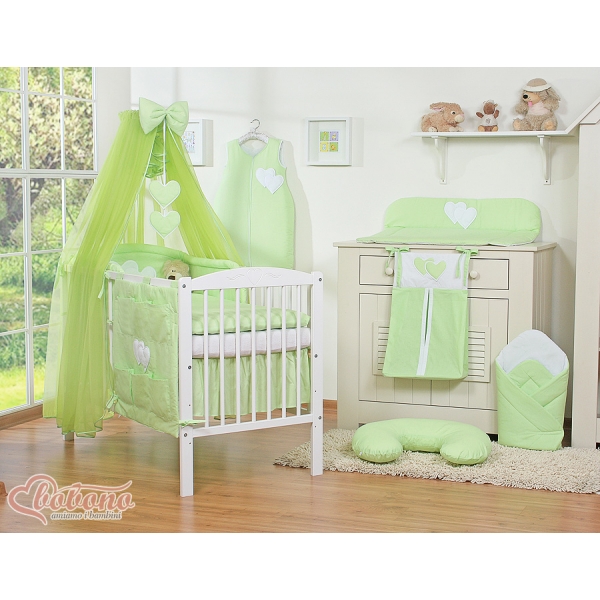 Babybett Bettwäsche Set 7-tlg mit Moskitonetz - Hängende Herzen grün