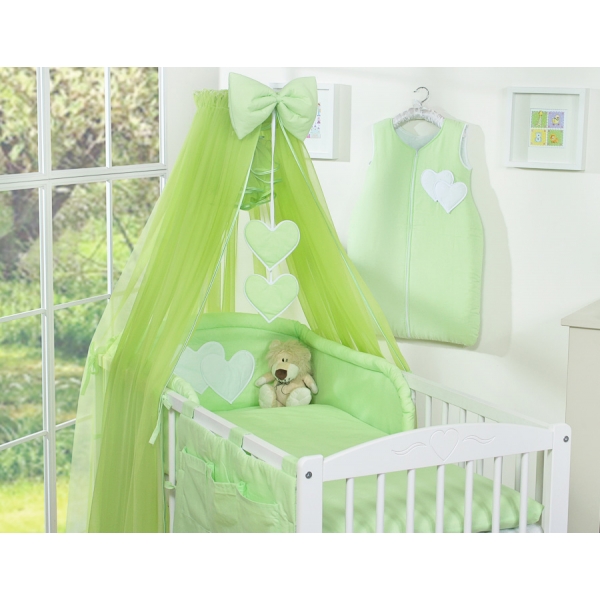 Babybett Bettwäsche Set 7-tlg mit Moskitonetz - Hängende Herzen grün