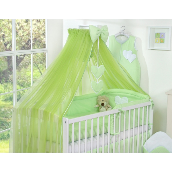 Babybett Bettwäsche Set 7-tlg mit Moskitonetz - Hängende Herzen grün