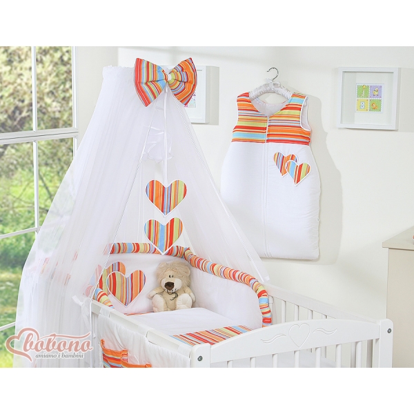 Babybett Bettwäscheset 11-tlg mit Moskitonetz - Hängende Herzen orange gestreift