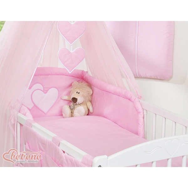 Babybett Bettwäscheset 11-tlg mit Moskitonetz - Hängende Herzen rosa