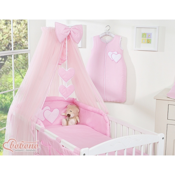 Babybett Bettwäscheset 11-tlg mit Moskitonetz - Hängende Herzen rosa
