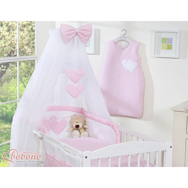 Babybett Bettwäscheset 11-tlg mit Moskitonetz - Hängende Herzen rosa kariert
